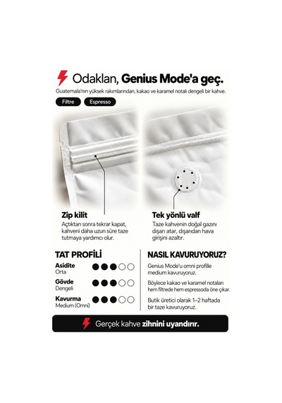 Genius Mode Guatemala Filtre Ve Espresso Kahve 200 Gr %100 Arabica Yıkanmış French Press