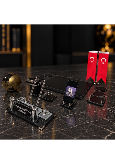 Ofis Prestij 13 Parça Gold Dünya Küreli Kristal Kişiye Özel İsimlik Ve Sümen Seti Siyah