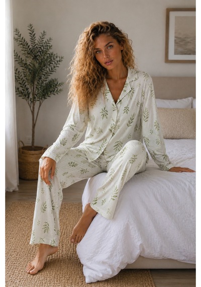 Kadın Örme Gömlek Yaka Çağla Yeşili Pijama Takımı