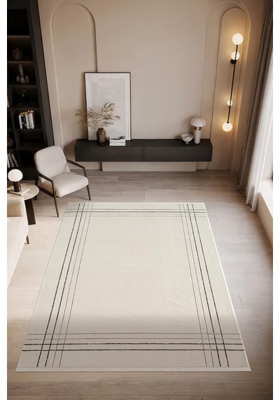Look Black Lb006w Krem Halı Siyah Dekoratif Çizgili Modern Desen Akrilik Yumuşak Tozuaz Salon Halısı-897 Krem