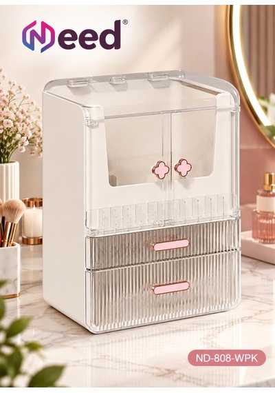 Need Yonca Kulplu Dolap Tasarımlı Çekmeceli Makyaj Ve Kozmetik Organizeri Beyaz / Pembe Kulp Nd-808-wpk