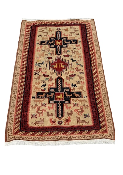 El Dokuma Sıfır İran Şiraz Kilimi 102x160 Krem Yün İnce Kilim