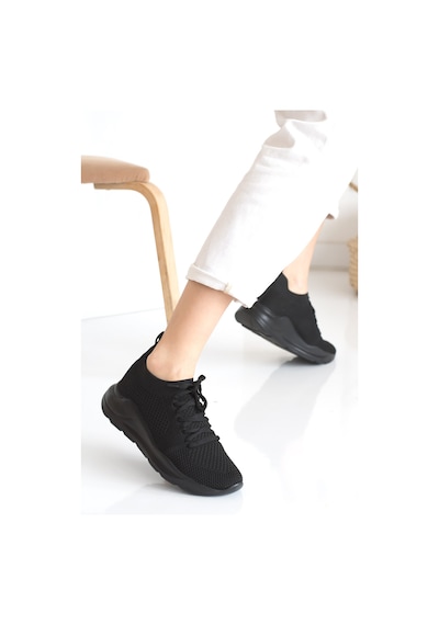 Kadın Triko Sneaker Bağcıklı Çorap Bileklik Detaylı Spor Ayakkabı 017 Siyah