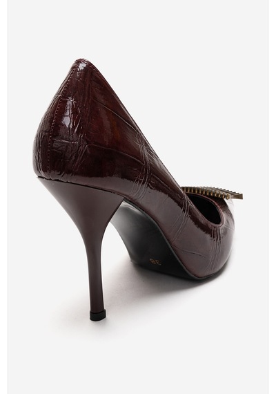 Luvishoes Dexen Bordo Baskı Metal Tokalı Kadın İnce Topuklu Ayakkabı