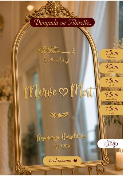 Düğün Nişan Söz / Ayna Yazısı / Dua Besmele / Gold Çiçek Detaylı / İsimlik