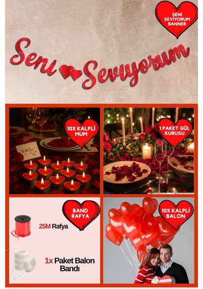 Seni Seviyorum Banner Kalpli Balon Gül Ve Kalpli Mum Sevgililer Günü Özel Gün Yıl Dönümü