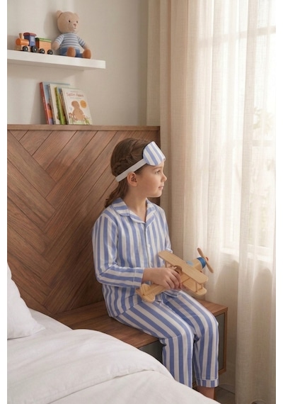 Ahengim Kız-erkek Çocuk Çizgili Kalpli Puantiyeli Desenli Pamuklu Pijama Takımı Göz Bantlı 3 Lü Set Ak2610 Bebe Mavi