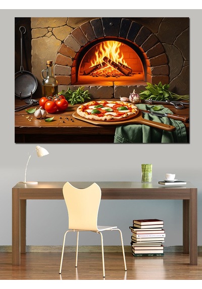 Odun Ateşinde Pişen Taş Fırın Pizza Dekoratif Kanvas - Mdf Ahşap Tablo
