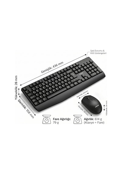 Philips SPT6337 Kablosuz Türkçe Q Klavye & Mouse Seti Siyah