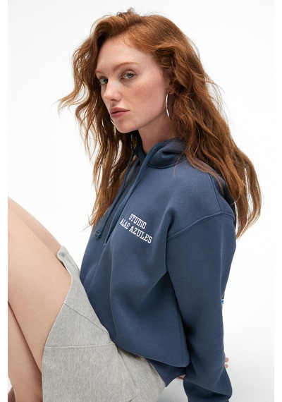 Grimelange SLOPANE Kadın Rahat Kesim Kapüşonlu Baskılı Lacivert Sweatshirt