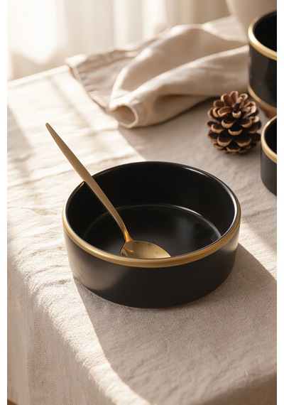 Keramika Mat Siyah Gold Fileli Stackable Kase 14 Cm 4 Adet