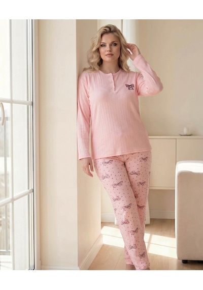 Eyfuze Kadın Kışlık Büyük Beden Curve Nakışlı Desenli Yakası Düğmeli Uzun Kollu Pijama Takımı Ekru - Somon