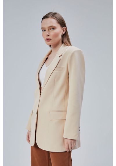 Kadın Oversize Düz Kesim Astarlı Dokuma Blazer Ceket Vizon