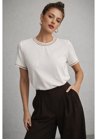 Kadın Beyaz Bisiklet Triko Yaka Kısa Kollu Basic T-shirt Beyaz
