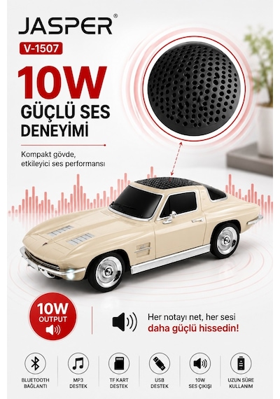 Jasper Jpr-1507 Bej 10w Bluetooth Hoparlörlü Retro Araba Tasarım Fm Radyo, Usb, Tf Kart, Aux Ve Mp3