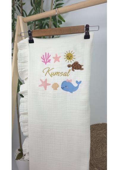 Gros Shop Müslin Yeni Doğan 4katlı Organik %100pamuk Kişiye Özgü Nakışlı Hastane Çıkış Seti Okyanus Model-2 Ekru