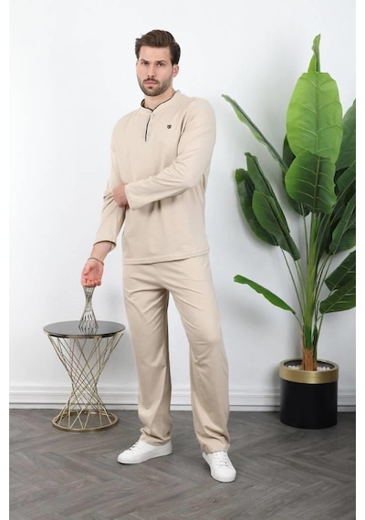 Madmext Bej Düğmeli Yaka Erkek Pijama Takımı E7333 Bej