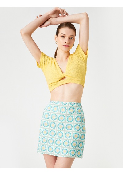 Koton Crop Atlet Pencere Detaylı Kısa Kollu V Yaka Sarı 2sak10034pk Sarı Sari