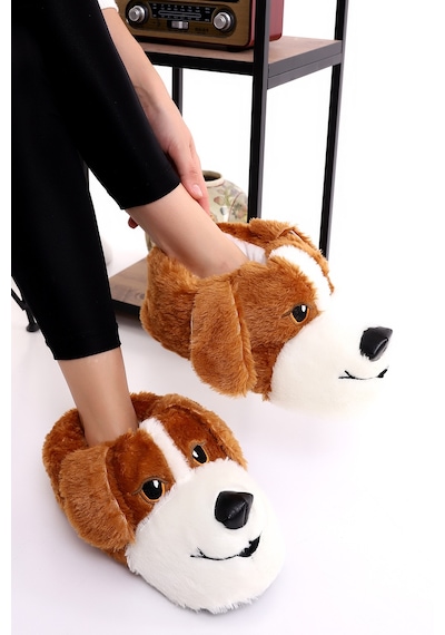 Wordex Hayvanlı H10 Köpekli Kışlık Kadın Erkek Çocuk Panduf Ev Içi Sessiz Taban Panduf Taba