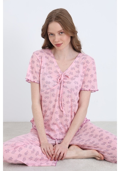 Elitol Jakarlı Viskon Bağlamalı Kadın Pijama Takımı Desenli-16
