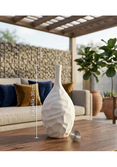Dalgalı Model El Yapımı Özel Seri Testi Modeli Seramik Vazo 30 Cm Beyaz