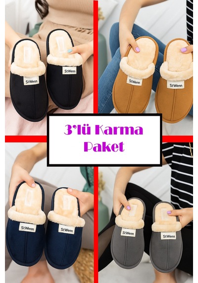 Stwenn 3 Lü Avantajlı Paket Kışlık Peluş Desenli Sessiz Ortopedik Taban Çeyiz Misafir Ev Terliği Set 3'lü Ucc Terlik