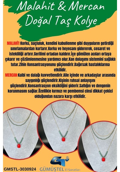 Sertifikalı Doğal Taş Malahit & Mercan Taşı Kolye Tasarım Kararmaz Malzeme Sürpriz Hediyeli Çok REnkli