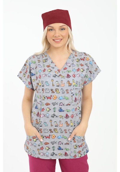 Likralı Cerrahi, Doktor, Hemşire, Veteriner, Dişçi, Desenli, Koyu Renkli Forma Tek Üst Scrubs Diğer