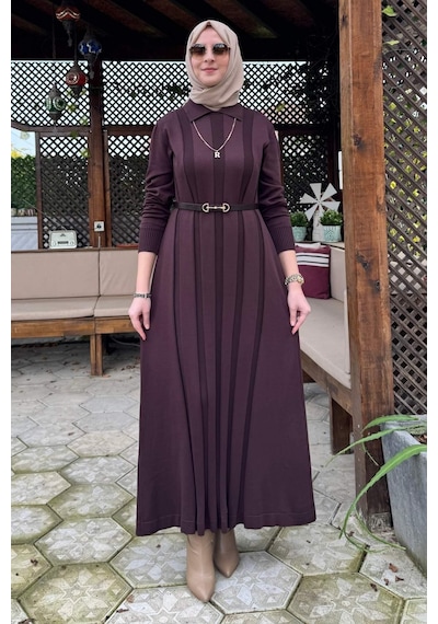 Rabia Şamlı Biricik Kemerli Triko Elbise Acı Kahve Normal
