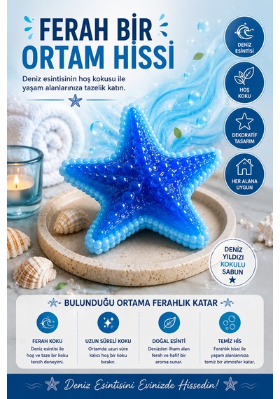Deniz Yıldızı Dekoratif Kokulu Sabun Deniz Esintili Banyo Salon Ofis Dekoru 12x12 Cm Mavi Renk Akdeniz