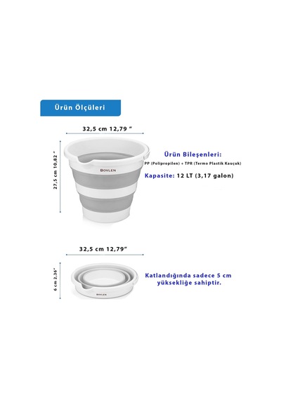 12 Litre Katlanabilir Kova - Akordiyon Katlanır Kova - Araba Kovası - Gri - 32.5 X 27.5 X 6 Cm - Pp+ Tpr