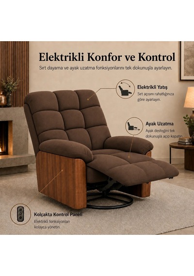 Smarto Relax Tv Koltuğu Porto Comfort Döner Ve Sallanan Elektrikli Mekanızmalı Sırt Dayanağı Kontrol Panelli Ergonomik 8 Farkli Renk Seçenek Dekoratif Baba Koltuğu Kahverengi