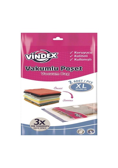 Tr Vindex Vakumlu Giyisi Yastık Yorgan Saklama Torbası Poşeti Hurç - X Large - 55x90 Cm. -3 Paket
