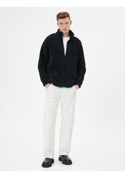Koton Peluş Sweatshirt Fermuarlı Dik Yaka Yumuşak Dokulu Siyah 4wam70437mk Siyah