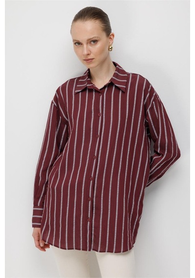 Mizalle Çizgili Oversize Mürdüm Viskon Gömlek