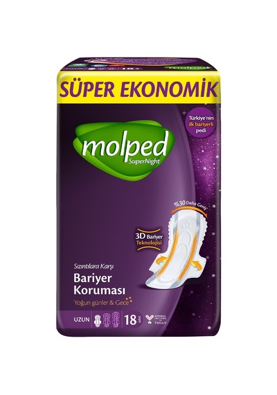 Molped Super Night Hijyenik Ped Ekonomik Paket Uzun 18 Li Gece Koruma Tarı
