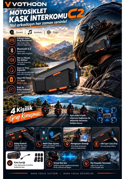 C2 4 Kişi Eşleşmeli Motosiklet Kask Kulaklığı İntercom Su Geçirmez Bt 6.0 Najmaddin 83004400