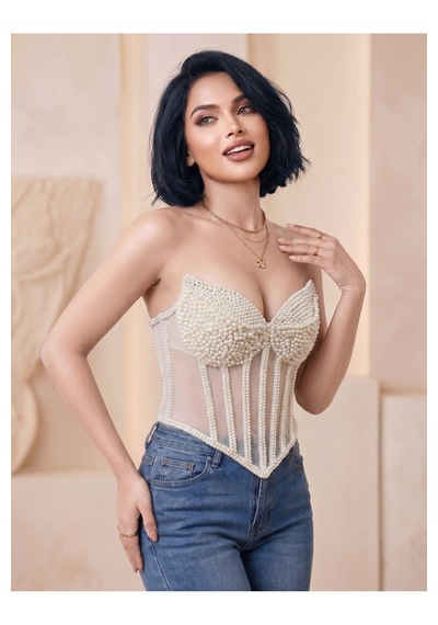 Orvelia Kadın İnci İşlemeli Beyaz Couture Korset Büstiyer