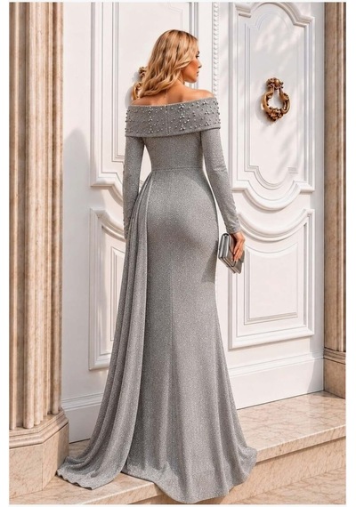Lior Design Kadın Şık Model Degaje Yaka Dekolteli Maxi Uzun Kollu Abiye Elbise Gri