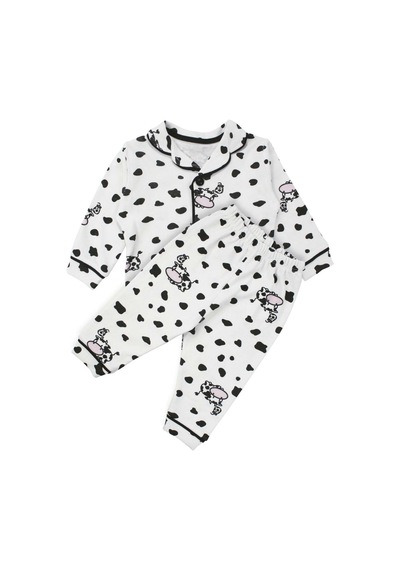 Bebegen Unisex Ekru Siyah İnek Desenli Kruvaze Yaka Pijama Takımı Çok Renkli