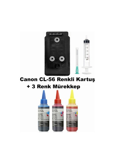 Canon Pixma E414 / Cl-56 Renkli Tıpalı Dolabilen Kartuş+3 Renk 100 Ml Mürekkep+şırınga