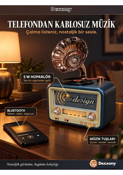 Dexxony Dx-2527 Mavi Nostaljik Radyo Gramofon Görünümlü Büyük Boy Şarjlı Bluetooth Hoparlör Fm Usb