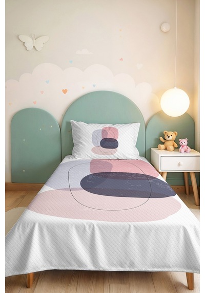 Modern Geometrik Genç Odası Tek Kişilik Pike Takımı - Gri Pembe 160x220 Cm Kapitone Yatak Örtüsü Gizli Çayır Kırığı