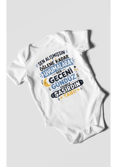 Morivokids Sen Alışmışsın Öğlene Yazılı Kısa Kollu Bebek Body %100 Pamuk Beyaz