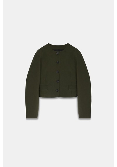Kadın Açık Haki Balon Kol Crop Blazer Açık Haki