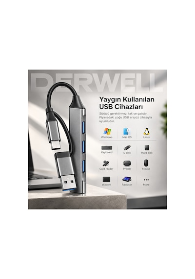 Yeni 2026 Çift Girişli Usb Hub Çoklayıcı 4 Portlu Type-c Ve Usb A 3.0 Dönüştürücü Adaptör Laptop Pc Telefon Tablet Uyumlu Tak Çalıştır Klavye Mouse Harddisk Kart Okuyucu Yazıcı Bağlantı Aparatı Gri