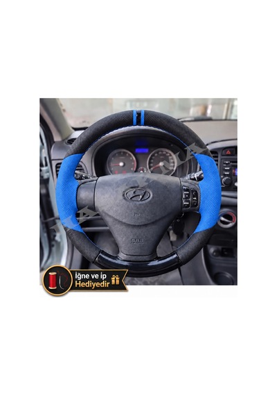 Hyundai Accent Era Dikme Direksiyon Kılıfı Delikli Deri Parlak Siyah Mavi Detay Çift Yüzük Ve Dikiş 2006-2012