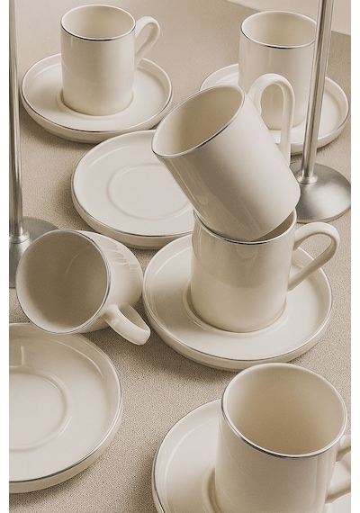 12 Parça 6 Kişilik Stackable Platin Gümüş Yaldızlı Kahve Fincan Takımı - Kahve Fincanı Seti 100ml Beyaz Gümüş