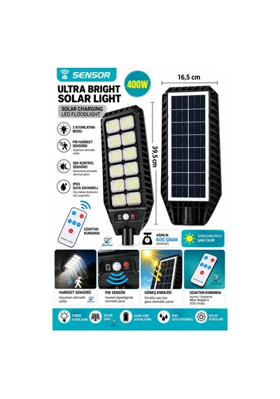 400w 216 Led Güneş Enerjili Solar Dış Mekan Bahçe & Sokak Projektörü Uzaktan Kumandalı Sensörlü