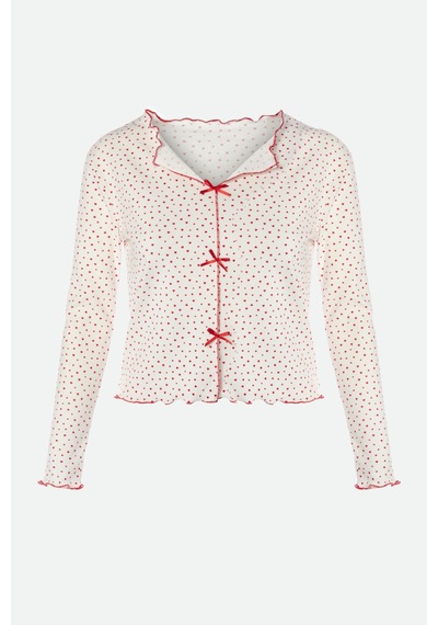 Kadın Pamuklu Çıtır Çiçek Desenli Baby Overloklu Fiyonk Detaylı Uzun Kollu Pijama Takımı Ko70142 Kırmızı - Beyaz Kadın Pamuklu Çıtır Çiçek Desenli Baby Overloklu Fiyonk Detaylı Uzun Kollu Pijama Takımı Ko70142 Kırmızı - Beyaz
